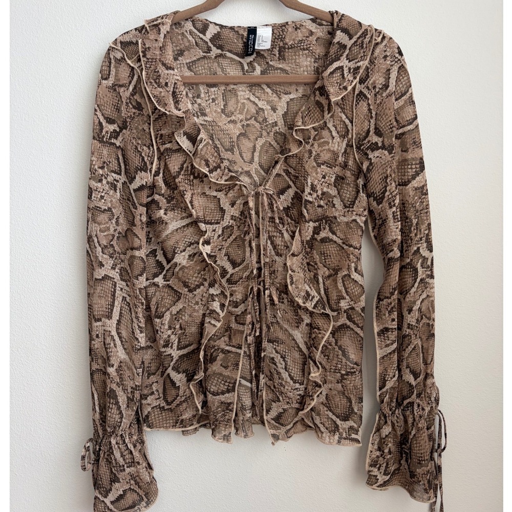 H&M Divided Brown Snakeskin Mesh Ruffle Tie Front Blouse Top Y2K Small